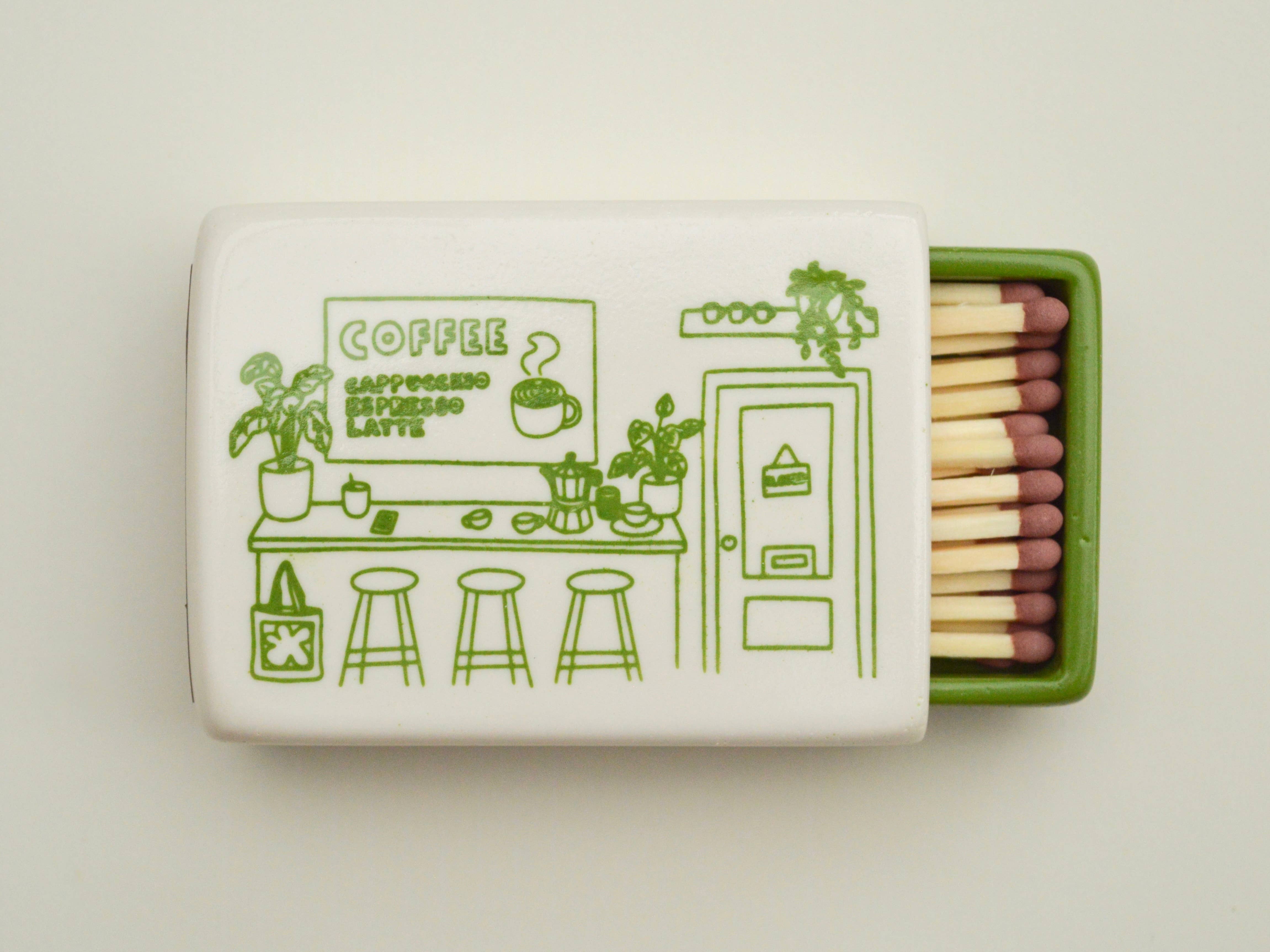 Jake Thomas Parker – wholesale Match holder – Handmade Matchbox with Green Coffee Shop Illustration 1