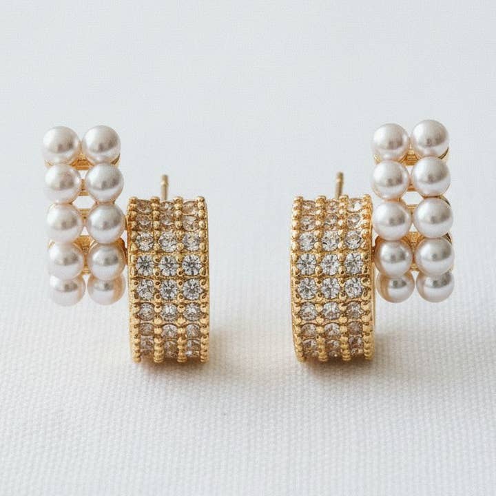 Double Row Pearl Cubic Zirconia Stud Earrings for wholesale by Ellemadera