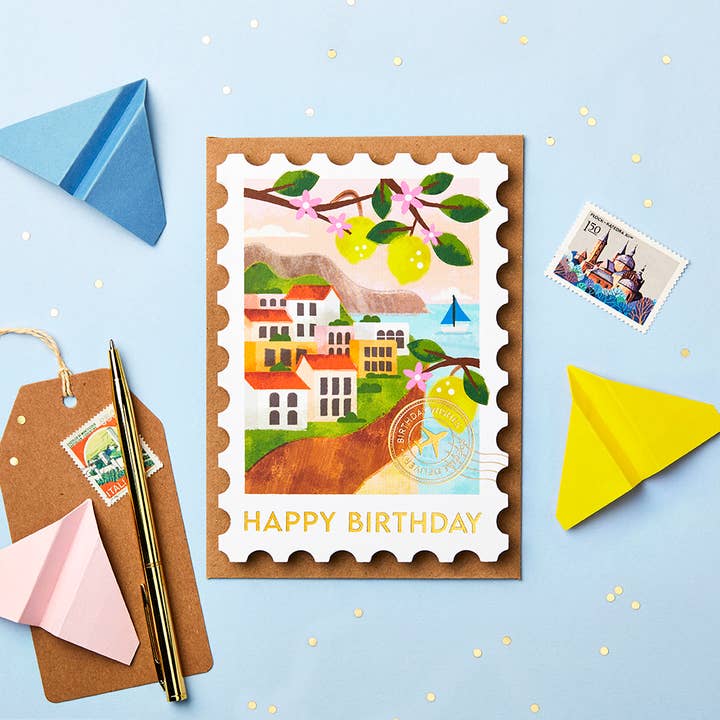 Stormy Knight – wholesale Birthday card – Italian Riviera Stamp Birthday Card| Travel Themed Cards2