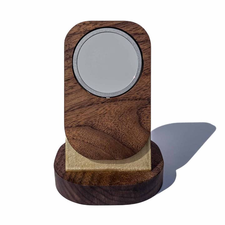 Mag Charging Stand - Walnut/Brass with Weighted Base for wholesale by Loma Living