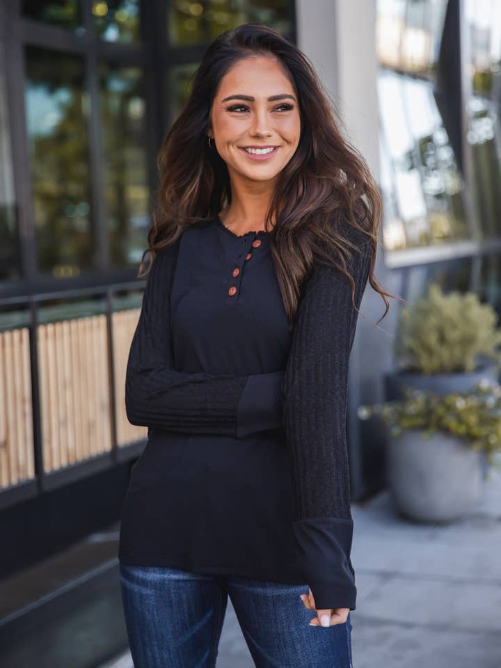 Tickled Teal - Wholesale Knit Top - Women's - Contrast Sleeve Button Knox Top12