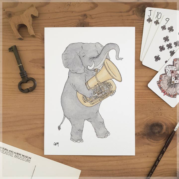 The Elephant & Her Tuba - A5 Art Print for wholesale by Erlenmeyer Art