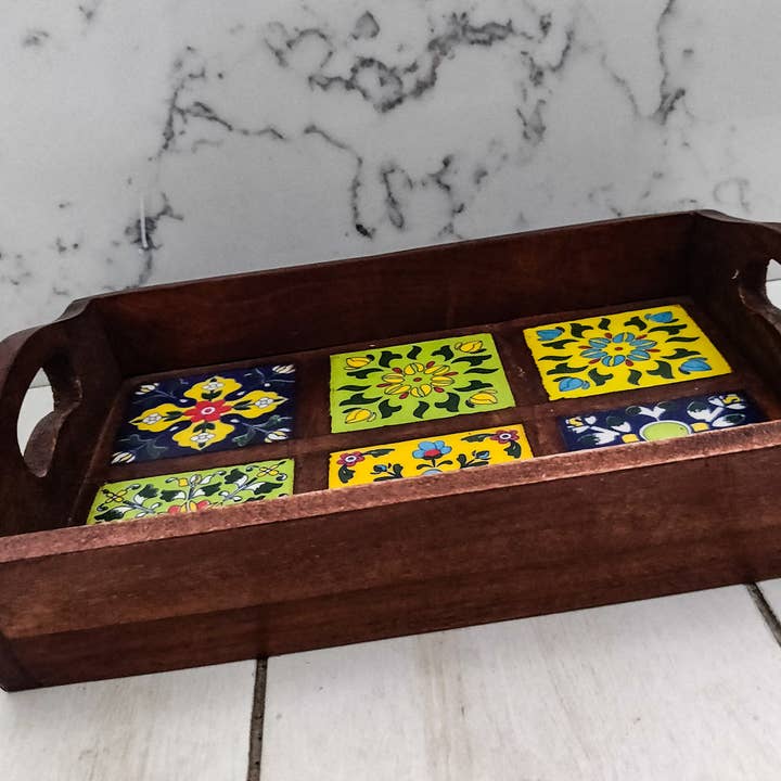 Mangowood Tray with Handpainted ceramic tiles - Medium for wholesale by Boho Homes London