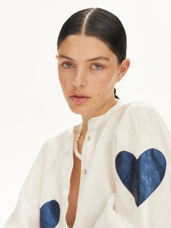 Cupid Linen Shirt - Off-white with Metallic Dark Blue Hearts for wholesale by Lanhtropy