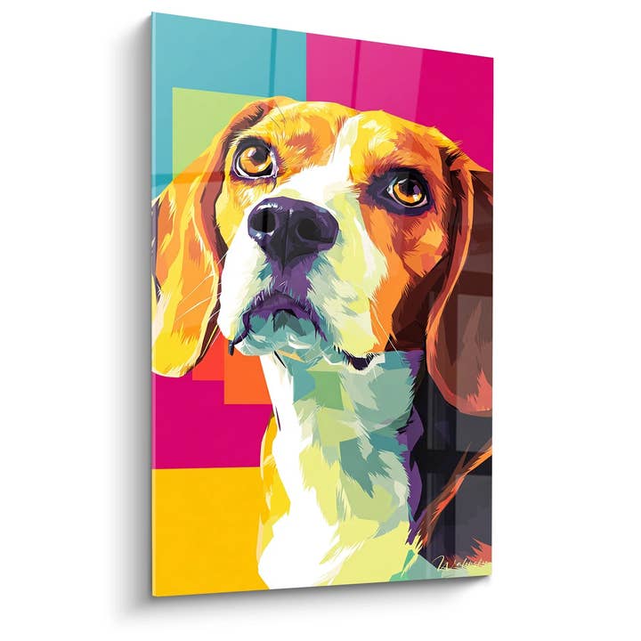 Tableau Beagle Multicolore aux Yeux Dorés - Portrait Pop Art Géométrique - Edition Tableau Beagle pour la vente par Walensky