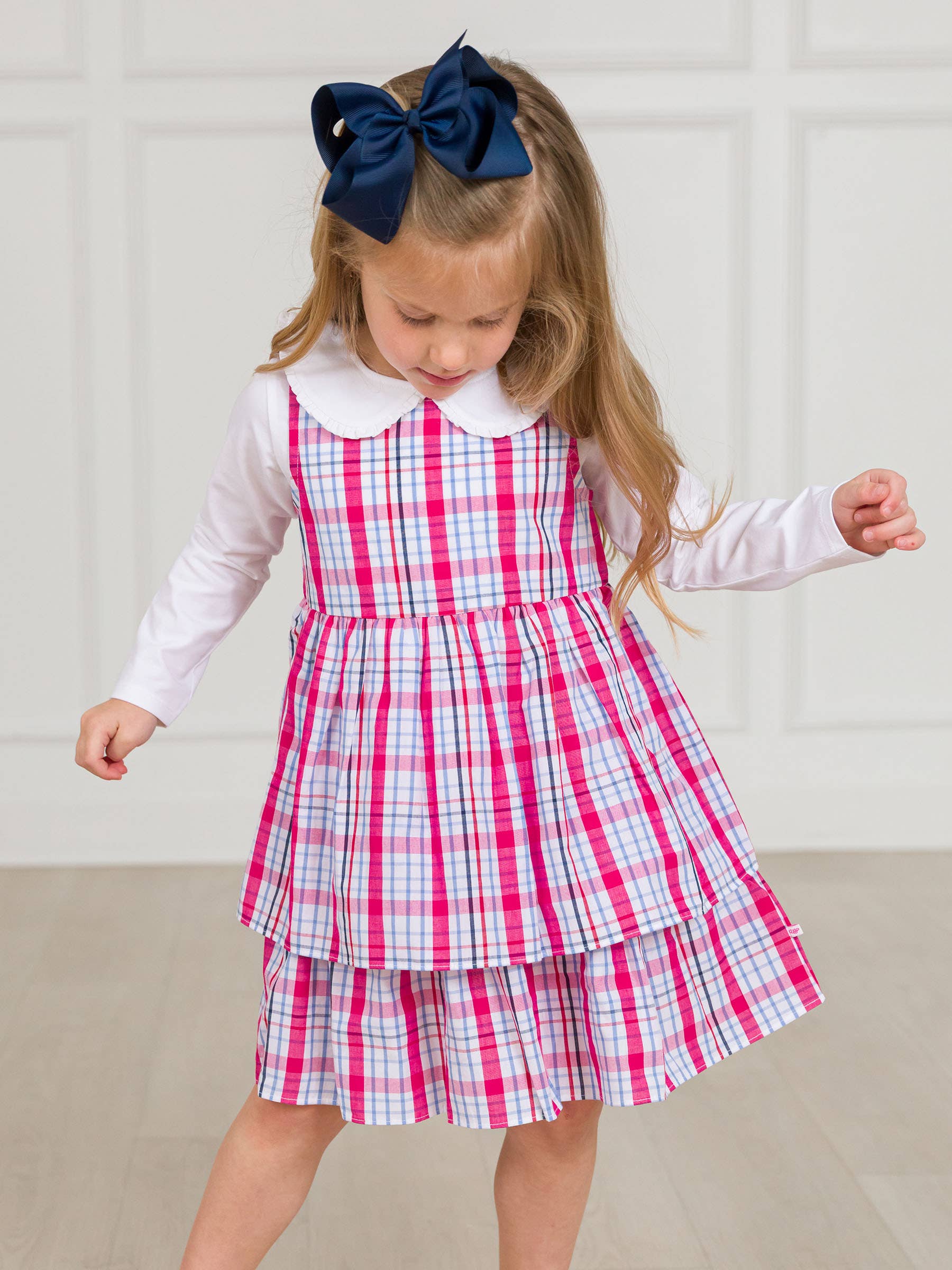 Multi Color Girls Adley Plaid Woven Bow Jumper Dress
for wholesale on Faire