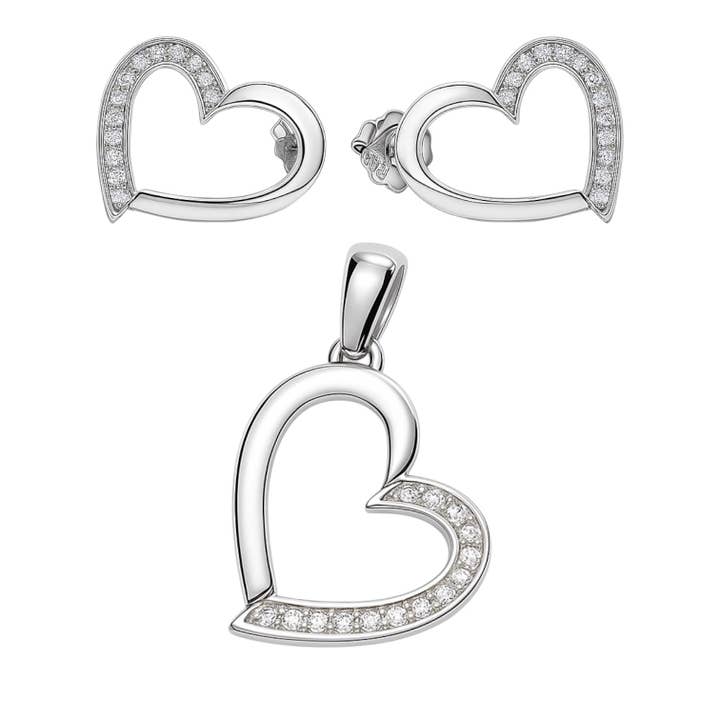 Sterling Silver Half CZ Half Plain Open Heart Pendant/Earrings Set for wholesale by Atlanta Jewelers Supply