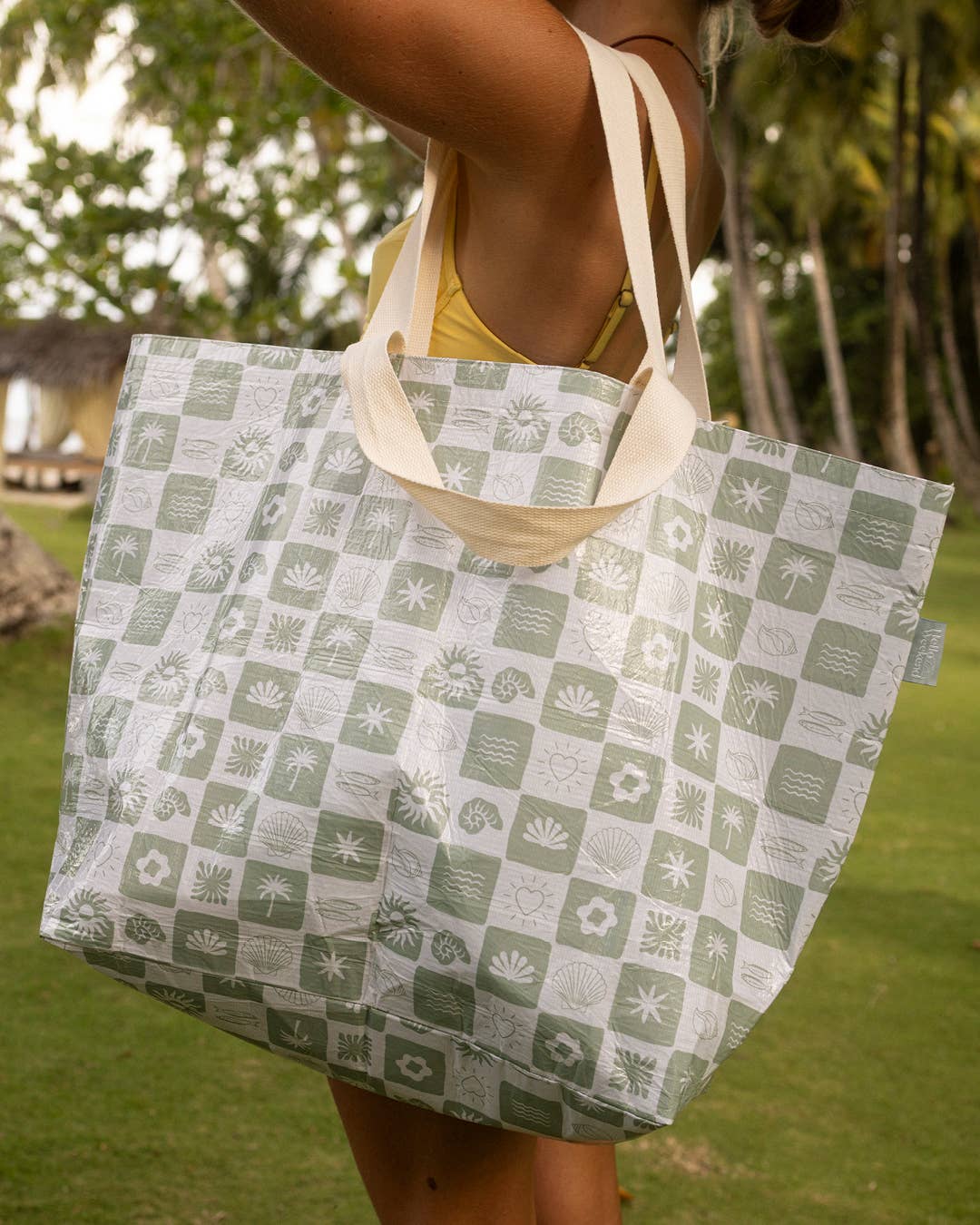 Hello Weekend - Vendita all'ingrosso Borsa tote - Donna - Borsa da weekend con tasca - Verde Salvia Neutro a Quadri8