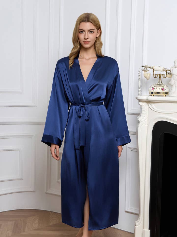 Long Silk Robe – Navy Dressing Gown for wholesale by Jasmisilk