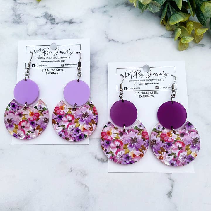 Purple or Lilac Acrylic Flowers Dangle Floral Earrings for wholesale by M.Ree Jewels Creative