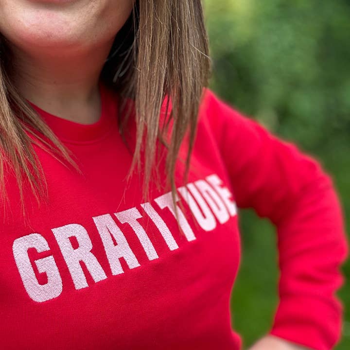 Percy and Nell Retail Limited - Wholesale Sweatshirt - Women's - Premium Organic Embroidered 'Gratitude' Sweatshirt in Red