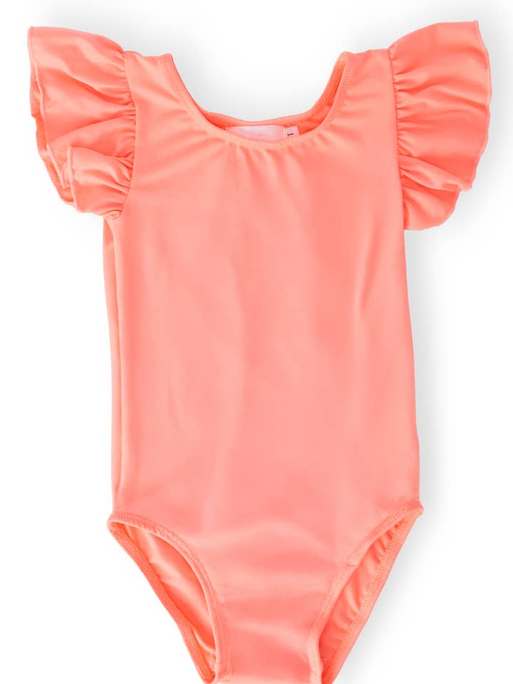 Leotardo de manga corta con volantes en coral neón para venta al por mayor de Mila & Rose
