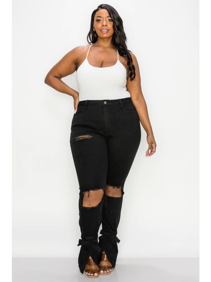 The Map Jeans - Vente Jean – femme - Jean évasé noir pour femme 8402P avec lien à nouer en bas3