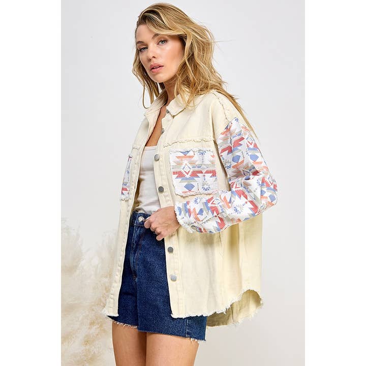 WASHED JACKET WITH TRIBAL PRINT SLEEVE AND POCKET for wholesale by Mapcie