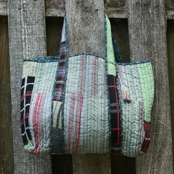 Patchwork Quilted Hand Bag - Sage Green for wholesale by Sacred Threads