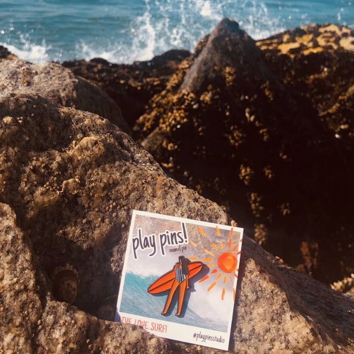 Gift for Teen Girl, Surfer Girl Enamel Pin for wholesale by Play Pins Studio