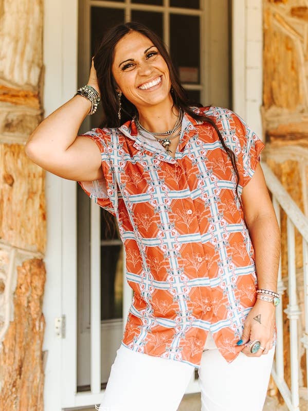 Burnt Orange Paisley Printed Button Down Collared Shirt for wholesale by LUCKY & BLESSED