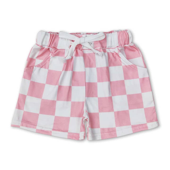 Pink plaid pockets baby kids summer shorts for wholesale by Yawoo Garments
