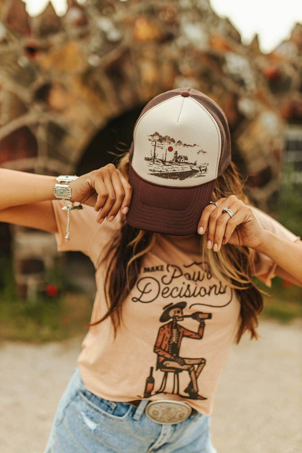 Brown and Tan Homestead Horizon Trucker Hat for wholesale on Faire