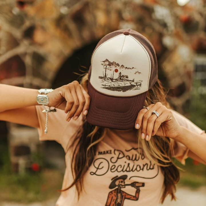 Brown and Tan Homestead Horizon Trucker Hat for wholesale on Faire0