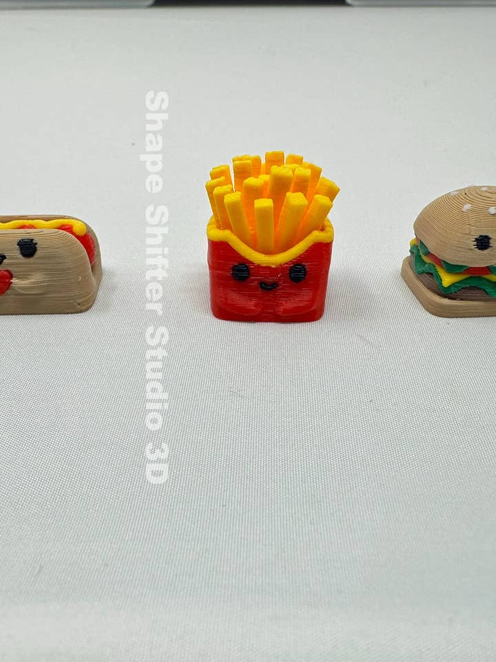 3D Printed Fast Food Keycaps - Hamburger, Hot Dog, and French Fries for wholesale by Shape Shifter Studio 3D