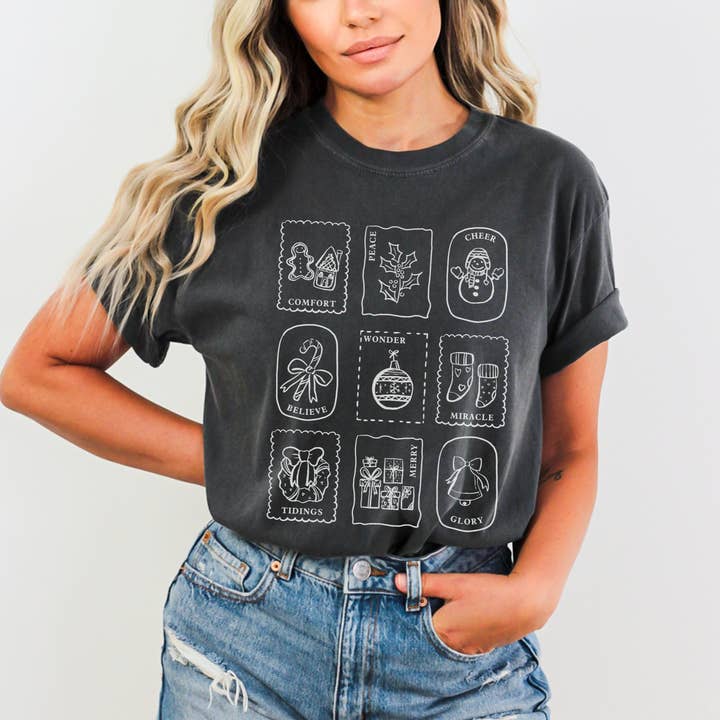 Scripted Pearl - Wholesale Screen Printed T-Shirt - Women's - Christmas Stamps Comfort Colors Holiday Graphic T Shirt13