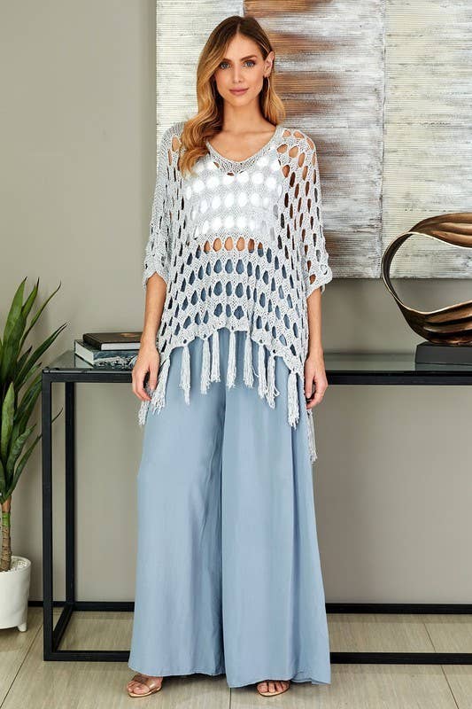 Silver OPEN CROCHET S/S PONCHO/COVERUP WITH TASSLE TRIM (72395) for wholesale on Faire3