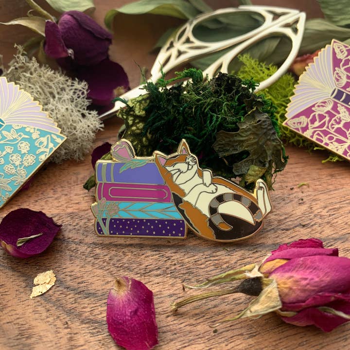 Enamel Pin - Books and Cat - Libris felinus for wholesale by Poppy & Lark