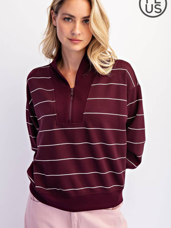 VESTE À RAYURES EN SCUBA MODAL GRANDE TAILLE À COL EN V pour la vente par Rae Mode