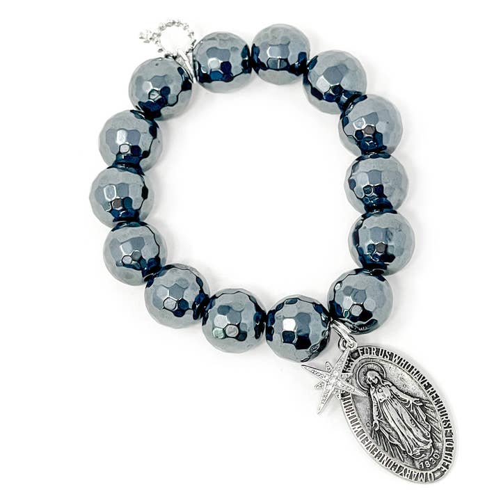 Faceted Gunmetal Hematite with Large Blessed Mother & Star of Hope for wholesale by PowerBeads by jen