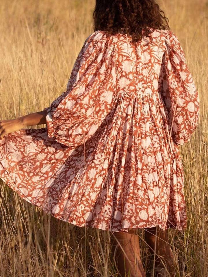 Rosa Clothing - Wholesale Dress - Women's - Floral Print V-Neck Puff-Sleeve Bohemian Dress