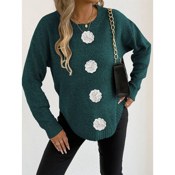 UNISHE – Großhandel Strickpullover – Damen – Lässiger Pullover mit Knopf, Häkelblumen-Dekor OYM24513