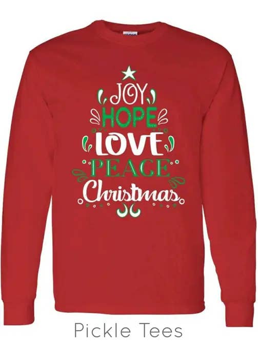 Joy Hope Love Peace Christmas - Långärmad Crew för wholesale av Pickle Tees Wholesale