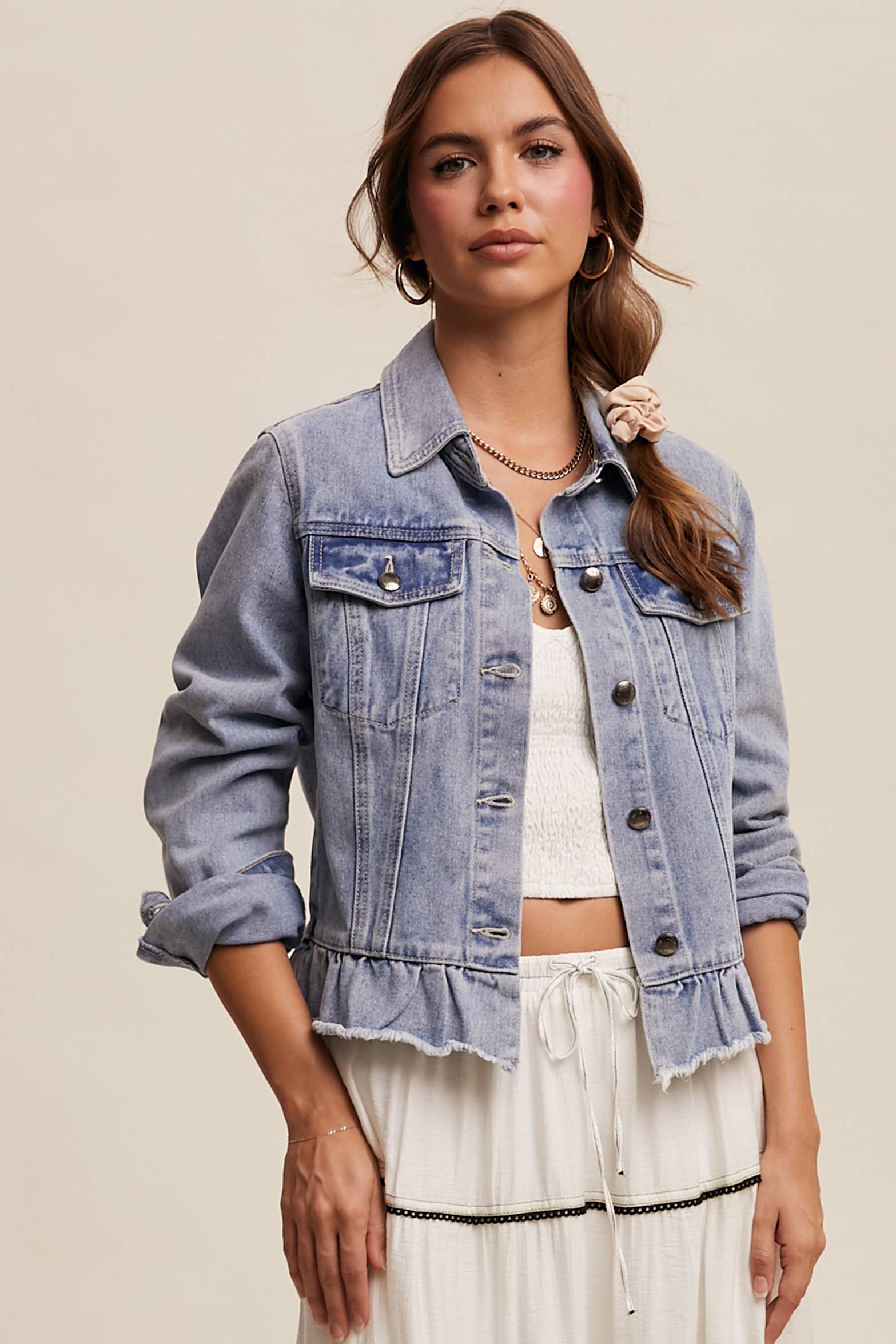 Listicle - Wholesale Denim Jacket - Women's - Ruffled Hem Denim Jacket LJ02362