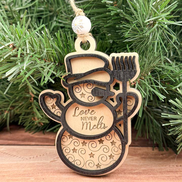 Handmade Wood Snowman Christmas Ornament, Stocking Stuffer for wholesale by Rocky Knoll Co.