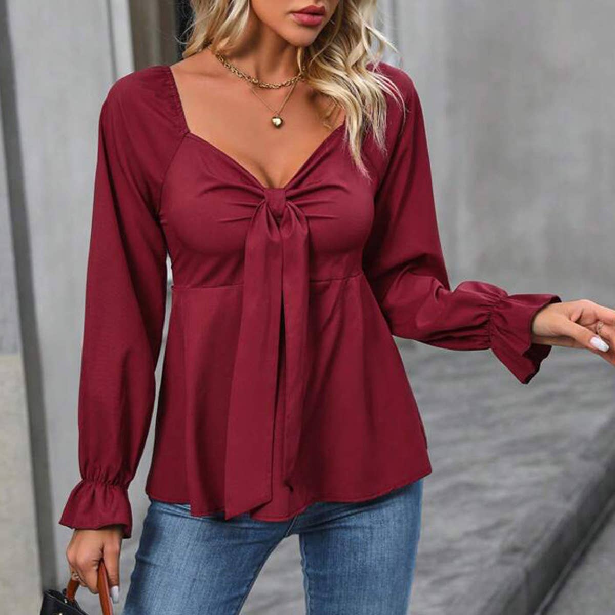 RED FRENCH SWEETHEART BOW TIE FRONT RUFFLED SHIRT for wholesale on Faire0