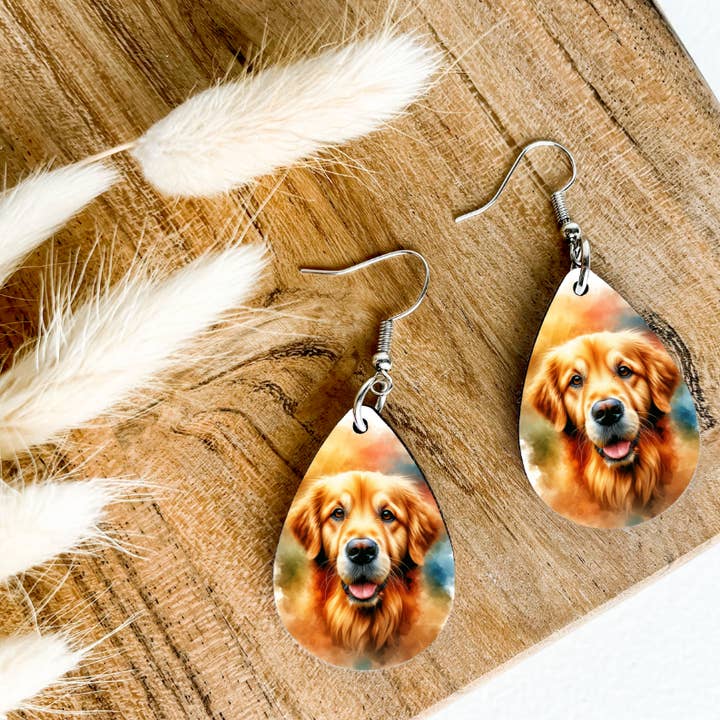 GOLDEN RETREIVER dog print dangle teardrop earrings for wholesale by Eartherella Soap & Candle Co., LLC