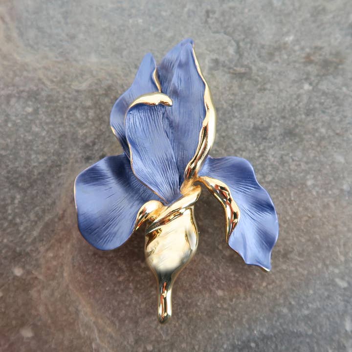 Iris Violet Blue Flower Brooch, Gold Plated for wholesale by Alexander Thurlow & Co Ltd