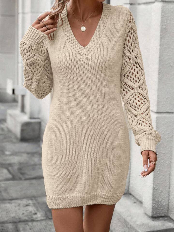 Knit Sweater Dress with Crochet Long Sleeves for wholesale by Anna Kaci Wholesale