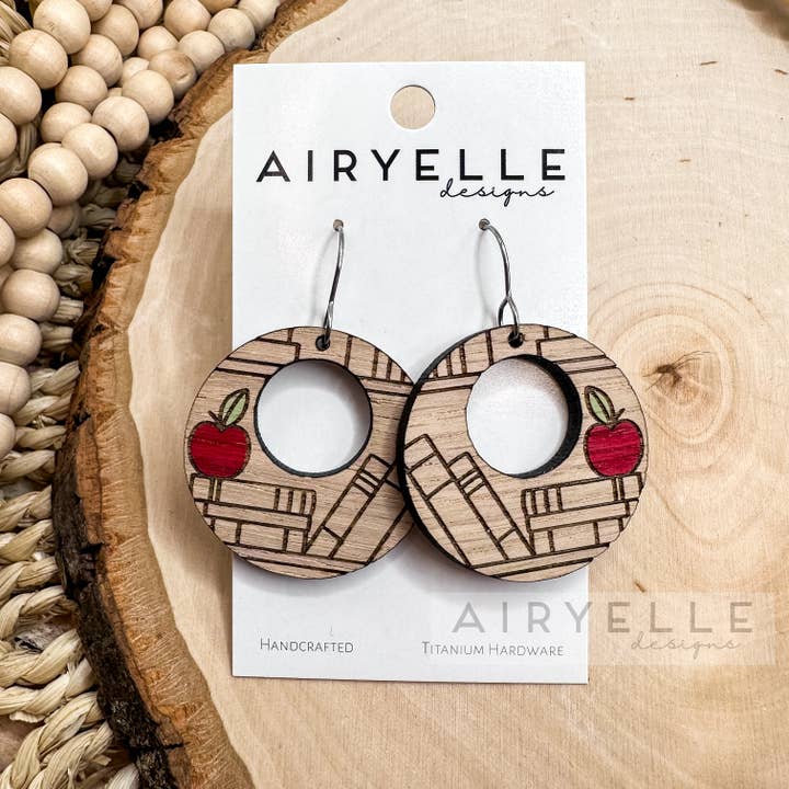 Teacher Apple White Oak Hoop Earrings for wholesale by Airyelle Designs