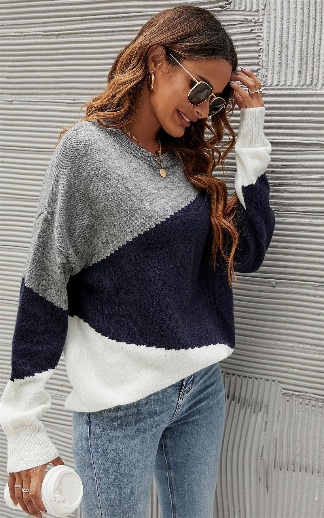 FS Collection (Germany) - Wholesale Knit Sweater - Women's - Navy & White Block Colour Jumper Top In Grey5