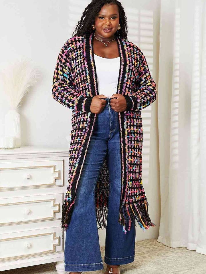 Full Size Multicolored Open Front Fringe Hem Cardigan for wholesale by Fashion Quality Boutik