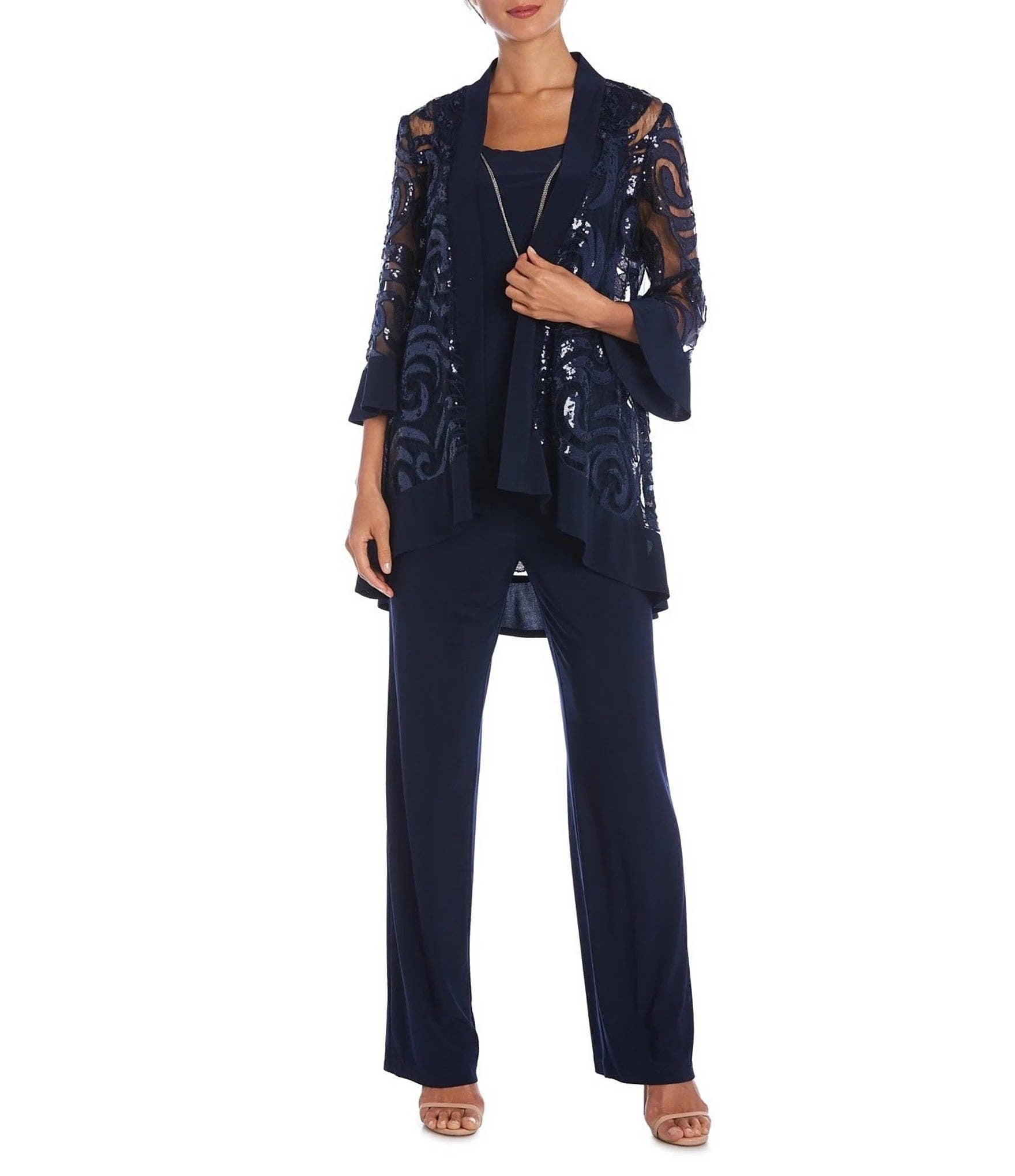 Immediate Apparel - Wholesale Suit Set - Women's - R&M Richards Scoop Neckline Top Sequin Jacket Straight Hemline Pant Suit Set Dress with Detachable Necklace5