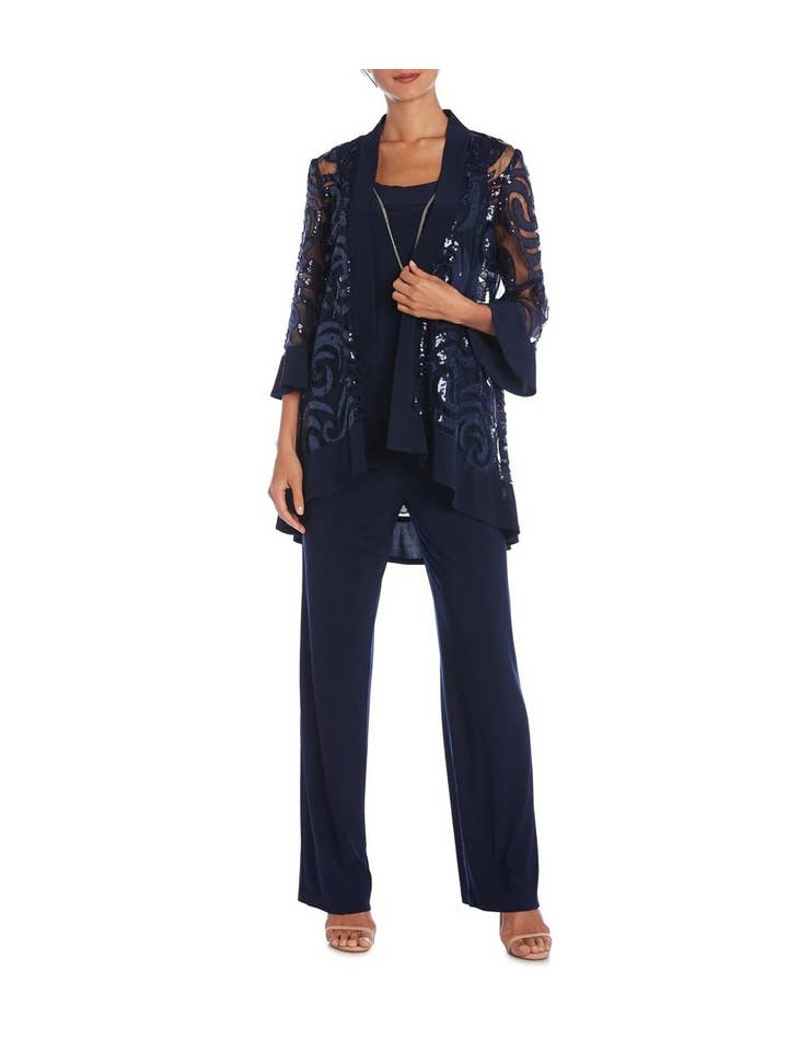 Immediate Apparel - Wholesale Suit Set - Women's - R&M Richards Scoop Neckline Top Sequin Jacket Straight Hemline Pant Suit Set Dress with Detachable Necklace5