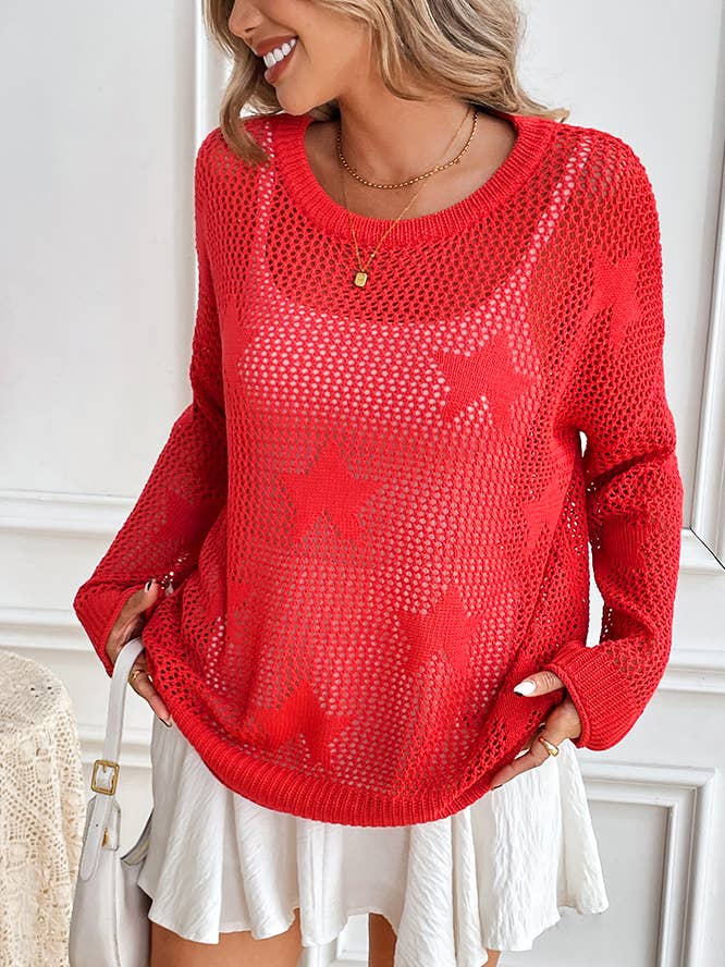 Red Crew Neck Pullover Beach Knit Cover-Up MY0120 for wholesale on Faire