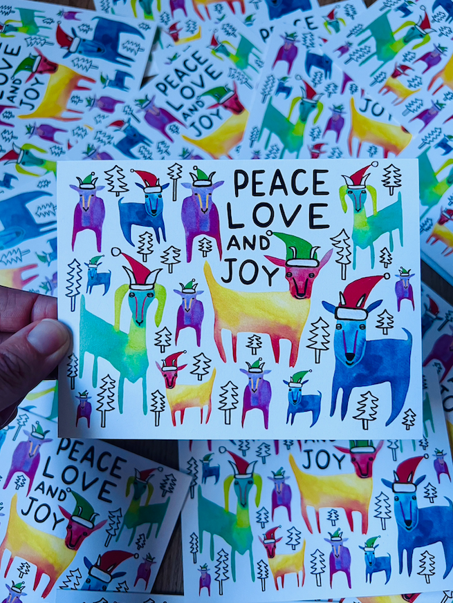 One Lane Road - Wholesale Season's Greetings Card - Peace Love and Joy Goats - Greeting Card0