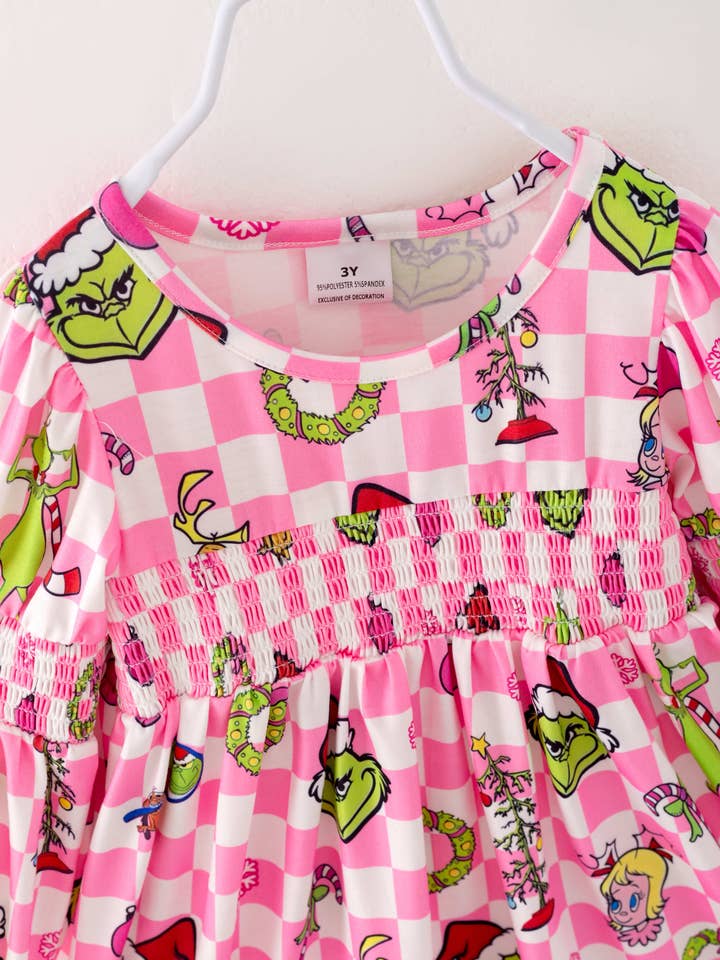 littleoneusa - Wholesale Dress - Kids - Christmas Pink Plaid Grinch Smocked Girl Dress