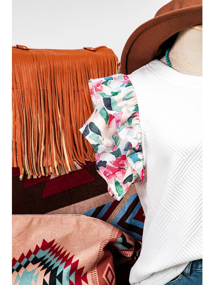 As shown Fashion-W Abstract Tiered Ruffled Sleeve Textured Knit Top for wholesale on Faire
