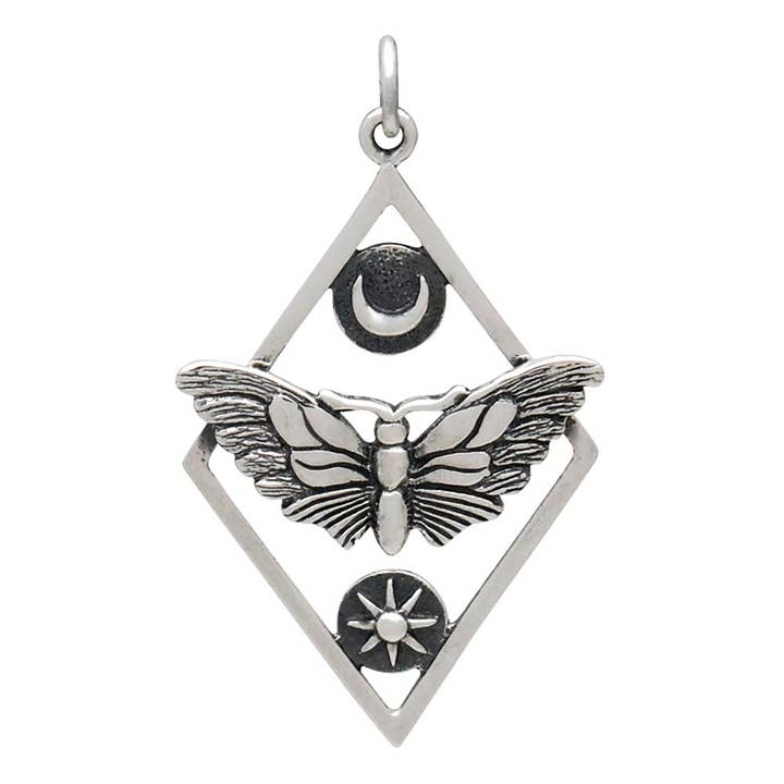 Two Cups Sterling Silver Butterfly Moth with Sun and Moon Charm • Moth Pendant • Butterfly Insect Bug Jewelry • Metaphysical Charm • Celestial Moon Phases Pendant • Intuition Jewelry for wholesale by A Charmed Impression