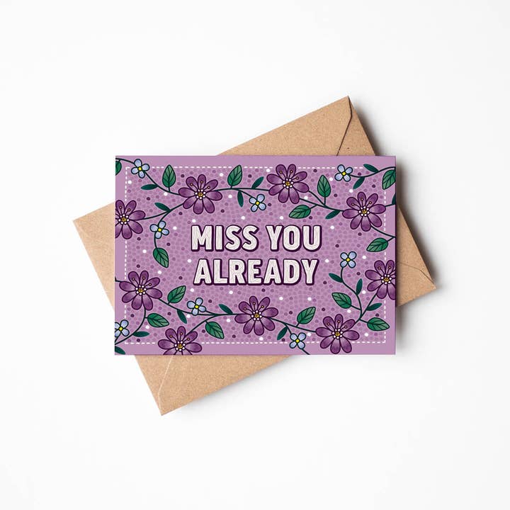 'Miss You Already' Purple Floral Goodbye Card for wholesale by Jess A Little Creative